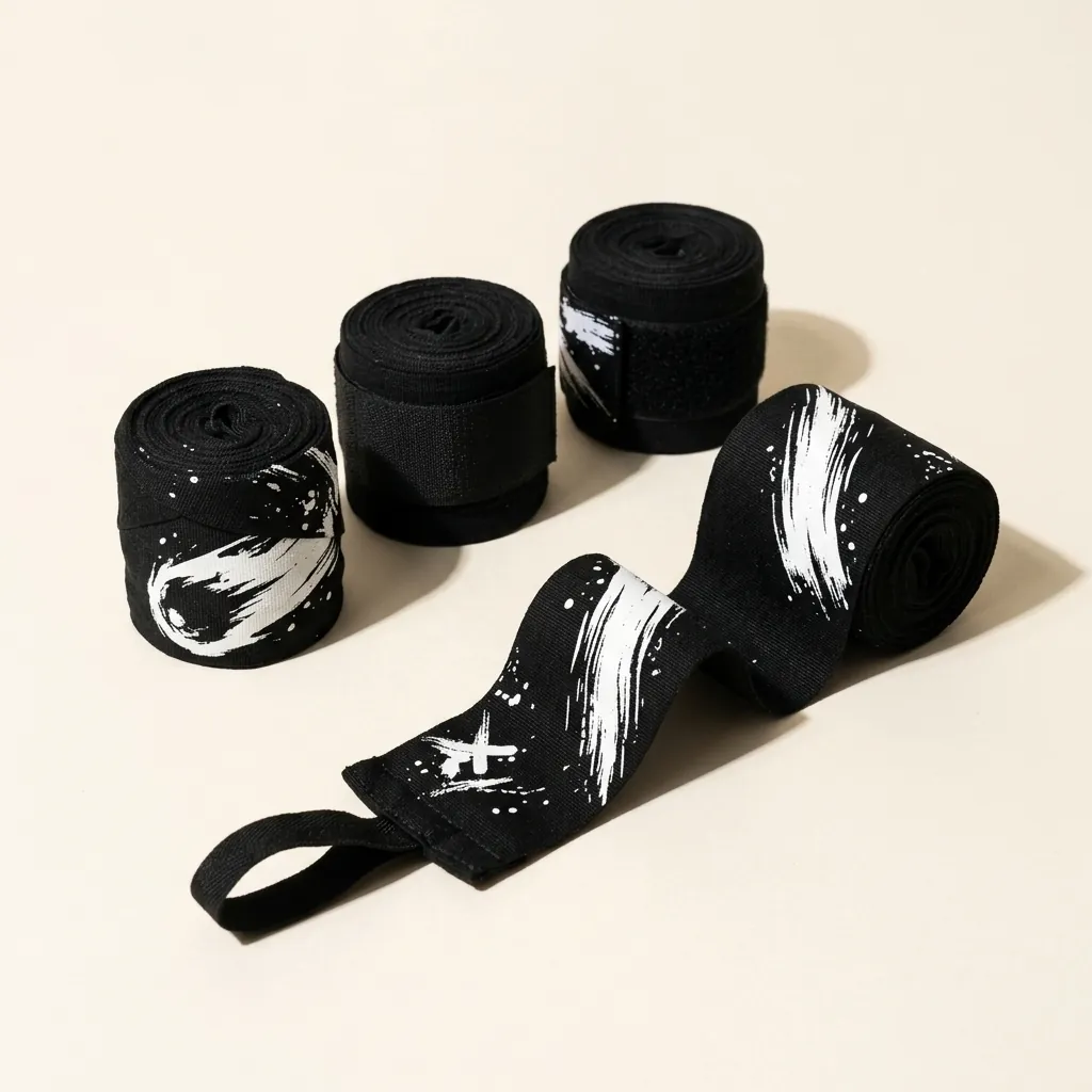 Comet Brushstroke Hand Wraps: two pairs, rolled, the ink strokes still in pieces