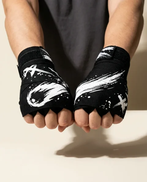 Comet Brushstroke Hand Wraps, wound around both hands so the strokes join into one image