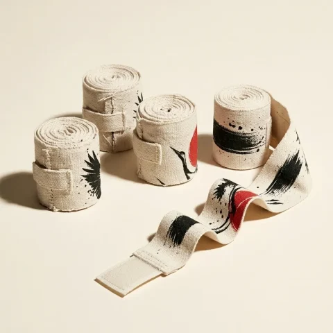 Crane Brushstroke Hand Wraps: two pairs, rolled, the ink strokes still in pieces