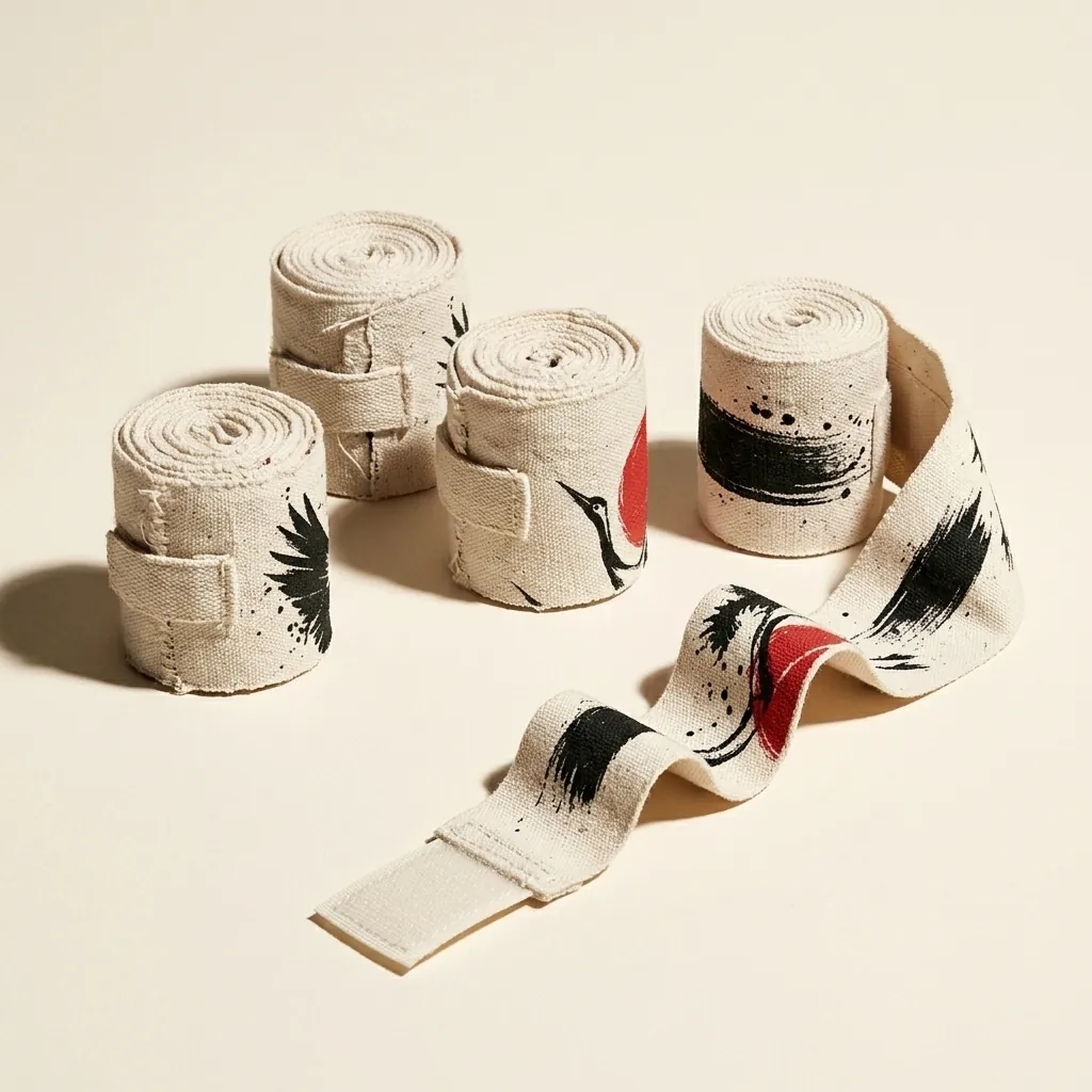 Crane Brushstroke Hand Wraps: two pairs, rolled, the ink strokes still in pieces