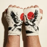 Crane Brushstroke Hand Wraps, wound around both hands so the strokes join into one image