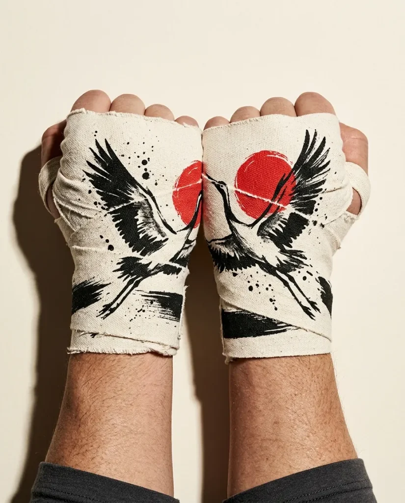Crane Brushstroke Hand Wraps, wound around both hands so the strokes join into one image