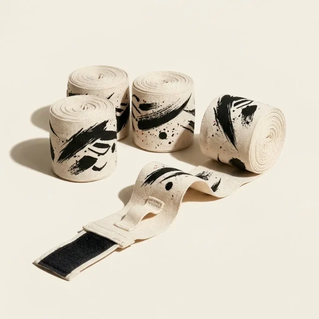 Crown Brushstroke Hand Wraps: two pairs, rolled, the ink strokes still in pieces