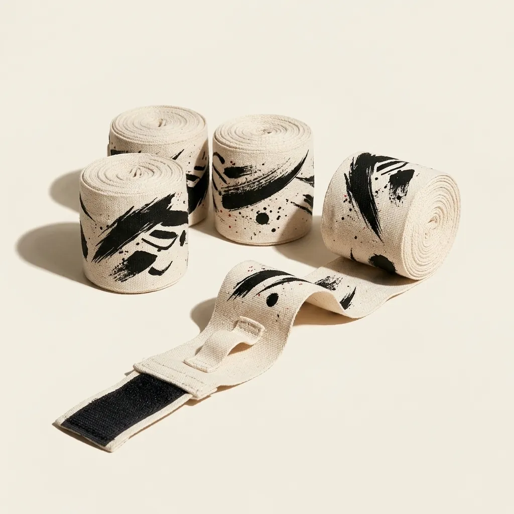 Crown Brushstroke Hand Wraps: two pairs, rolled, the ink strokes still in pieces