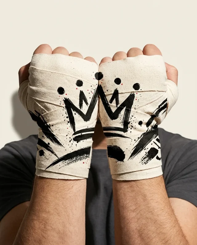 Crown Brushstroke Hand Wraps, wound around both hands so the strokes join into one image