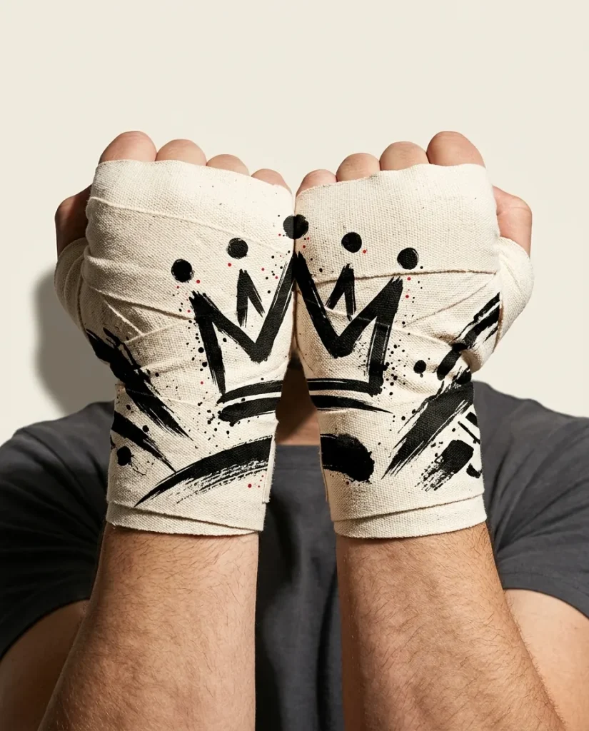 Crown Brushstroke Hand Wraps, wound around both hands so the strokes join into one image