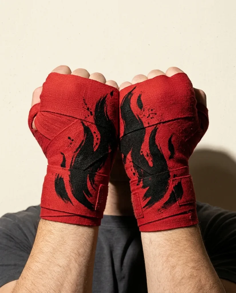 Ember Brushstroke Hand Wraps, wound around both hands so the strokes join into one image