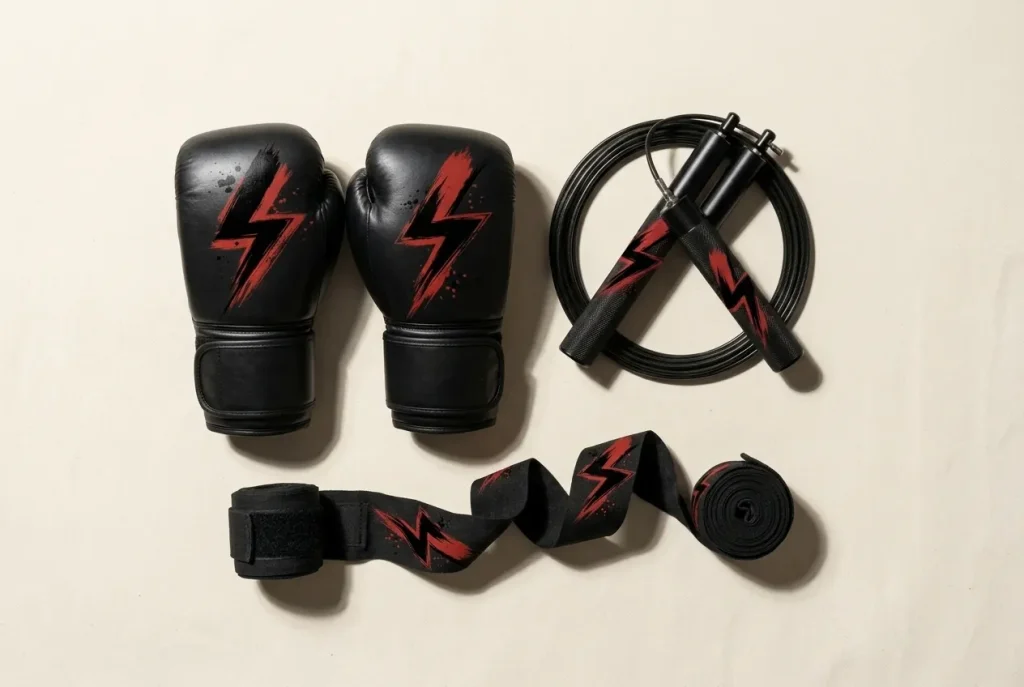 Bolt training-day kit: hand wraps, boxing gloves and jump rope