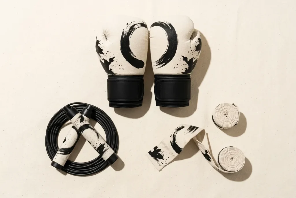 Round training-day kit: hand wraps, boxing gloves and jump rope