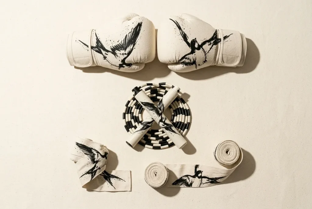 Swallow training-day kit: hand wraps, boxing gloves and jump rope