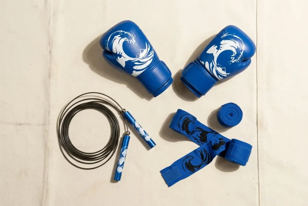 Tide training-day kit: hand wraps, boxing gloves and jump rope