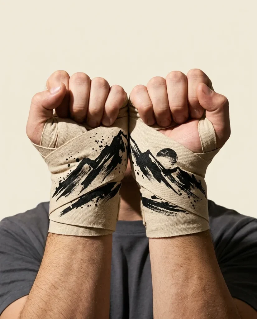 Ridge Brushstroke Hand Wraps, wound around both hands so the strokes join into one image