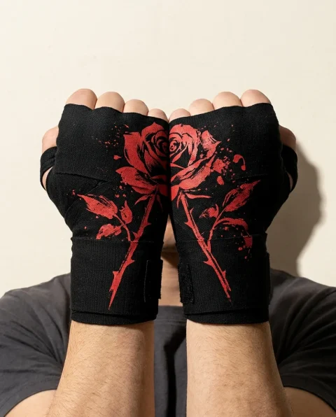 Rose Brushstroke Hand Wraps, wound around both hands so the strokes join into one image