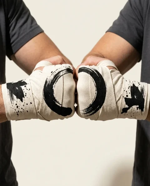 Round Brushstroke Hand Wraps, wound around both hands so the strokes join into one image