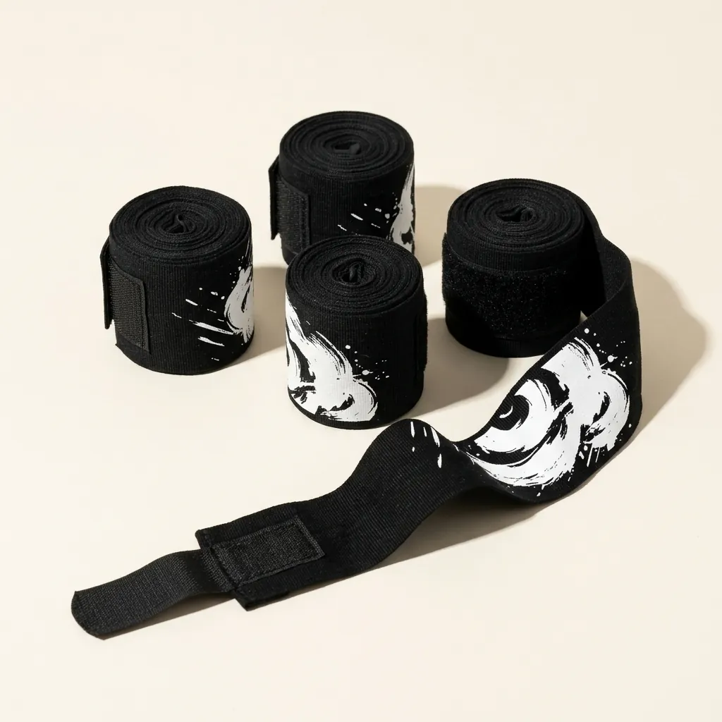 Storm Brushstroke Hand Wraps: two pairs, rolled, the ink strokes still in pieces