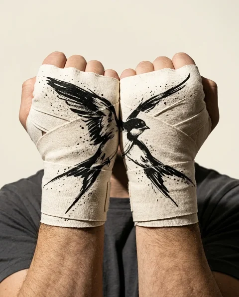 Swallow Brushstroke Hand Wraps, wound around both hands so the strokes join into one image