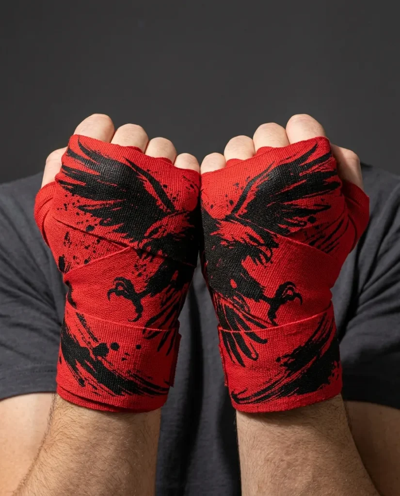 Talon Brushstroke Hand Wraps, wound around both hands so the strokes join into one image