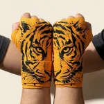 Tiger Brushstroke Hand Wraps, wound around both hands so the strokes join into one image