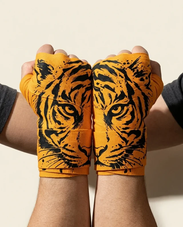 Tiger Brushstroke Hand Wraps, wound around both hands so the strokes join into one image