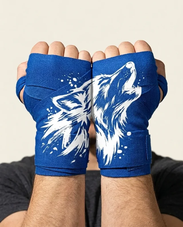 Wolf Brushstroke Hand Wraps, wound around both hands so the strokes join into one image