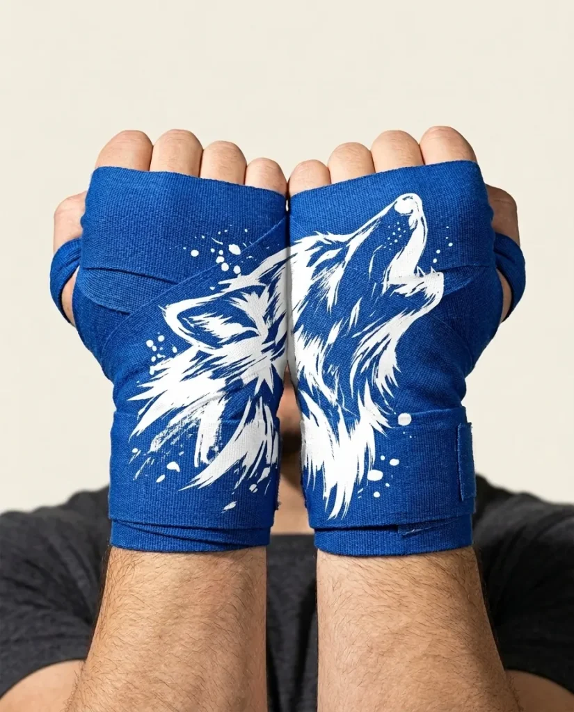 Wolf Brushstroke Hand Wraps, wound around both hands so the strokes join into one image